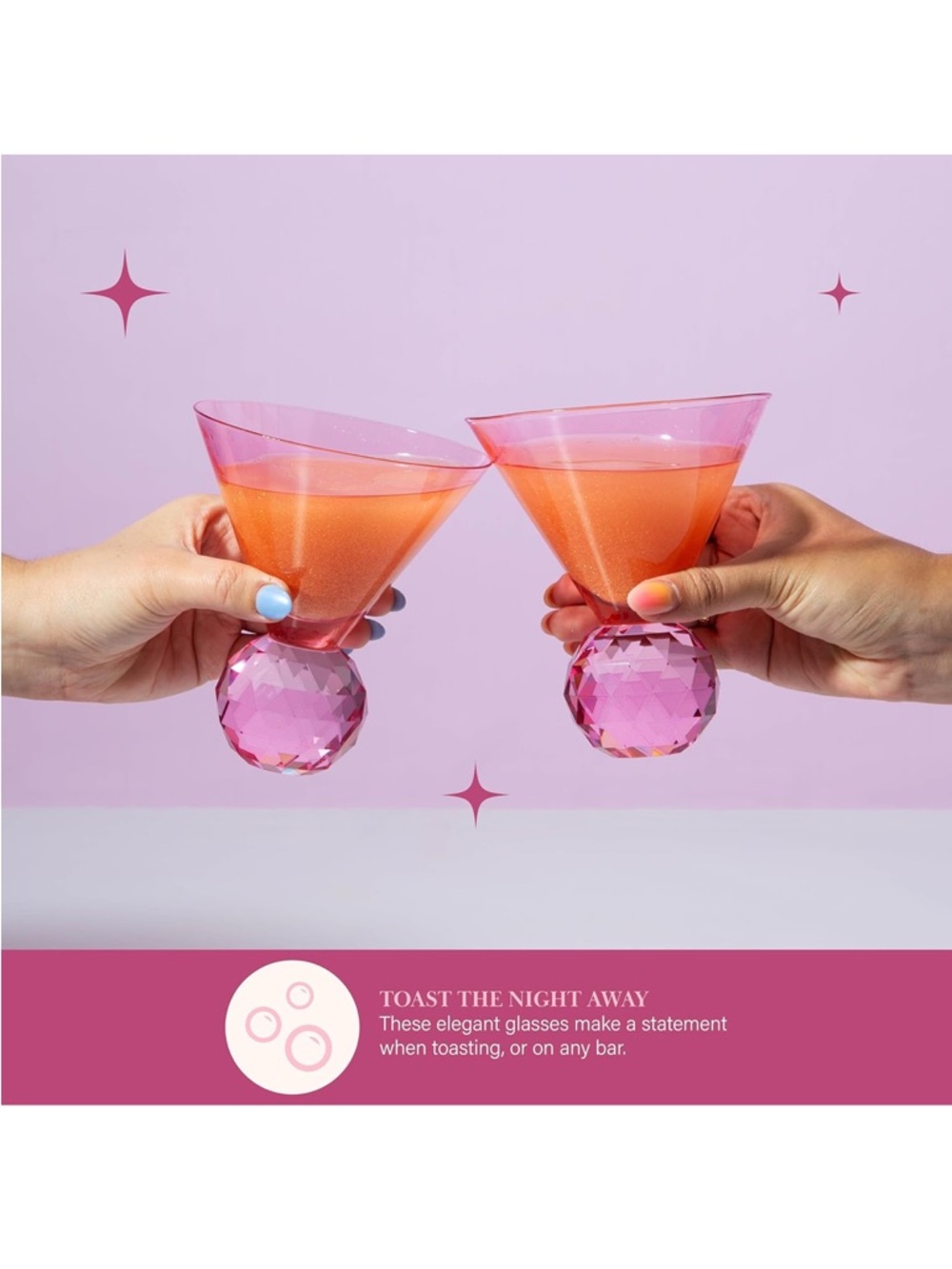 Paris Hilton Pink Faceted-Ball Base Martini Glasses - Set of 2 New in Box NIB - Picture 2 of 6